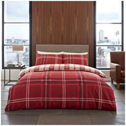 GC GAVENO CAVAILIA Reversible Check Bedding Set Easy Care Poly Cotton Wide Stripe Duvet Cover, Red, Single