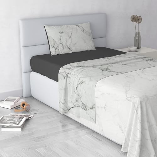 Fashion Bed Sheet Set, Made in Italy, Soft Microfibre Bed Set, Fitted Sheet, Top Sheet 180 x 270 cm and Pillowcase with Inner Flap, Marble