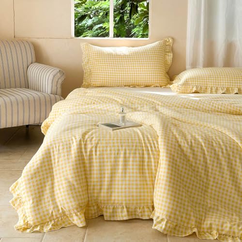 NSNLGSGC Yellow Ruffle Gingham Queen Comforter Set - Pre-Washed Ruffled Plaid Bedding Set, Soft Breathable and Cottage