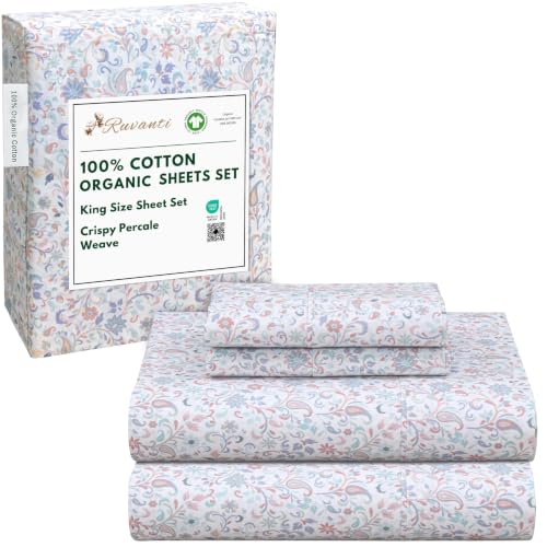 "RUVANTI 100% Organic Cotton Sheets King Size, Percale Weave, GOTS Certified, 4-Piece Set, Deep Pocket 15"", Crisp & Breathable, Soft Durable Bedding, S??banas Algod??n Org??nico ??? Multi Paisley"
