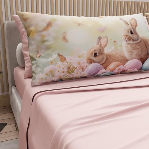 PETTI Artigiani Italiani - Easter Cotton Sheets with Pillowcases in Digital Print, Double Maxi, Complete Top and Bottom Sheet with Corners, 11 Powder, Made in Italy