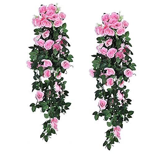 RECUTMS Fake Hanging Flower, 2PCS Artificial Rose Vine Hanging Plants Artificial Flowers Artificial Hanging Flower Wedding Home Decoration and Wall D??cor 3.3Ft (Pink)