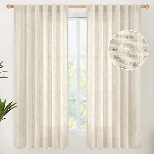 YoungsTex Boho Linen Curtains 63 Inch Length 2 Panels for Living Room - Semi Sheer Window Drapes Light Filtering with Back Tab Rod Pocket Rustic for Country Bedroom, 52 X 63 Inch