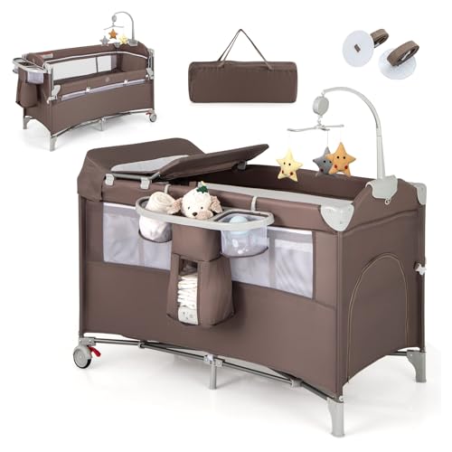 GYMAX 5 in 1 Folding Travel Cot, Portable Baby Bed Playard (Brown) - Diaper Changer, Music Box, Mattress, Safety Strap, Side Zipper Entrance, Infant Bassinet Nursery Center for Newborn