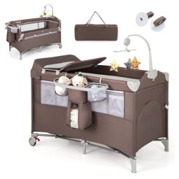 GYMAX 5 in 1 Folding Travel Cot, Portable Baby Bed Playard (Brown) - Diaper Changer, Music Box, Mattress, Safety Strap, Side Zipper Entrance, Infant Bassinet Nursery Center for Newborn