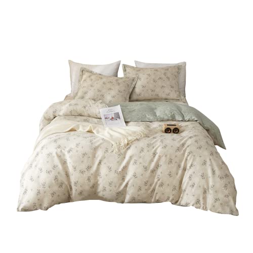 EAVD Boho Floral Duvet Cover Queen - Soft 100% Cotton Garden Green Bedding Set for Girls Women With 2 Pillowcases, Reversible Botanical Design, Zipper Closure