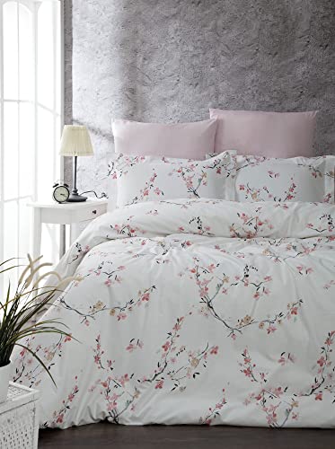 Nuit Des Rêves Ranforce King Quilt Cover Set (200 x 220 cm), 100% Cotton, White & Salmon, 2 Pillowcases (80 x 80 cm), Machine Washable, Elegant Design with Button Closure