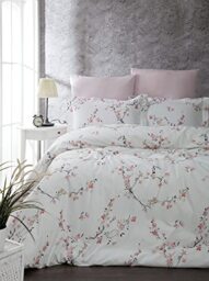 Nuit Des Rêves Ranforce King Quilt Cover Set (200 x 220 cm), 100% Cotton, White & Salmon, 2 Pillowcases (80 x 80 cm), Machine Washable, Elegant Design with Button Closure