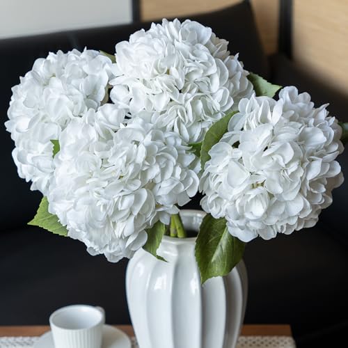 DUYONE 4pcs 22.4'' Realistic Large Artificial Hydrangea Flowers with Long Stem,White Lifelike Latex Real Touch Flowers for Home Decor Wedding Arrangements Party Living Room Bouquets Centerpieces