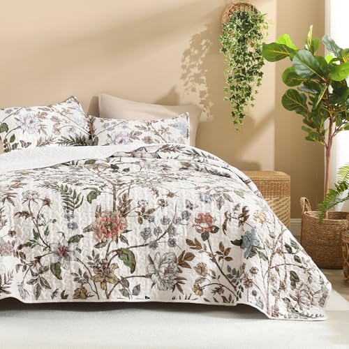 "Litanika Floral White Quilt King - 3Pcs Botanical Birds Bedding Set - Bedspread Summer Lightweight Soft Coverlet with Pink Flower for All Seasons(106""x96"")"
