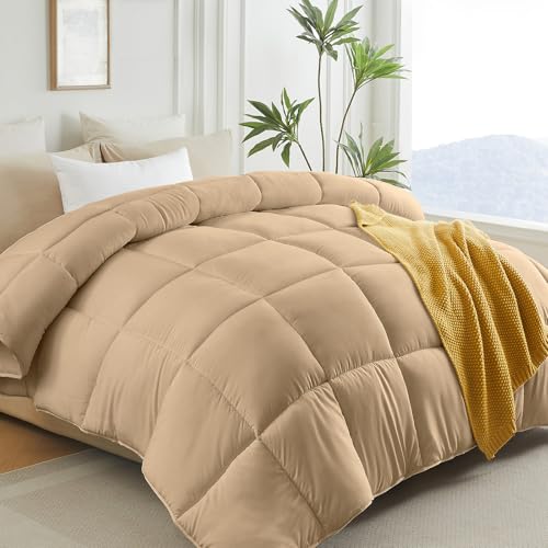 L LOVSOUL Down Alternative Comforter Queen Size Duvet Insert,All Season Duvet Insert with Corner Tabs,Khaki Comforter Queen 90x90Inches