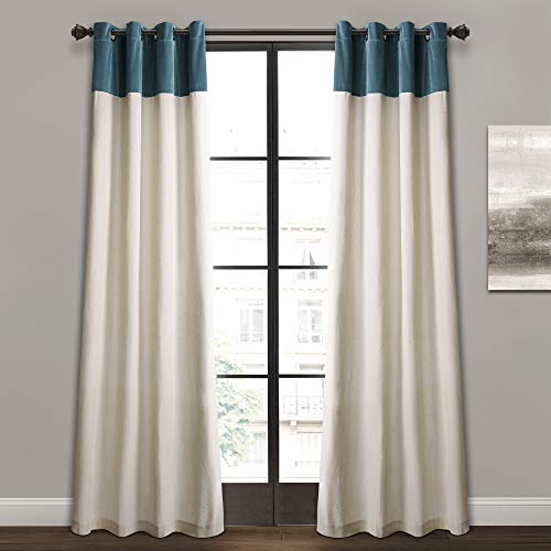 "Lush Decor Milo Linen Window Curtain Panel Pair, 84"" x 52"", Blue & Off-White, Slate Blue"