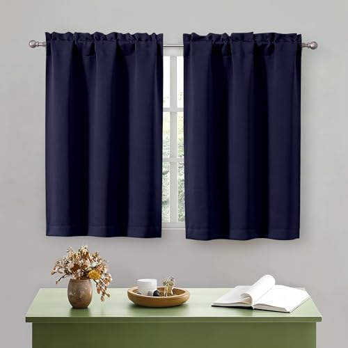 "OWENIE Navy Blue Kitchen Curtains 36 Inch Length, Short Blackout Small Thermal Insulated Curtains Tier Over Sink Rod Pocket Half Window for Bathroom Bedroom Camper RV Bunk, 2 Panels, Each 30"" Wx36 L"