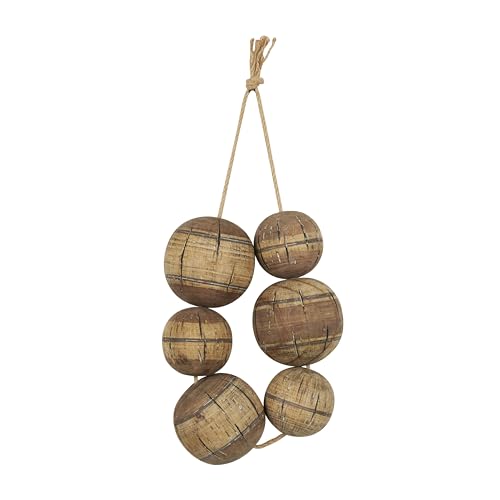 "Deco 79 Wood Buoy Handmade Home Wall Decor Distressed Striped 6 Strung Wall Sculpture with Hanging Rope, Wall Art 8"" x 4"" x 13"", Brown"