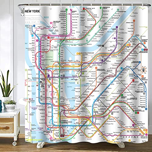New York Subway Map Shower Curtain White Subway Map Shower Curtains for Bathroom Waterproof Polyester Fabric Shower Curtain Sets with Hooks 60x72 Inch