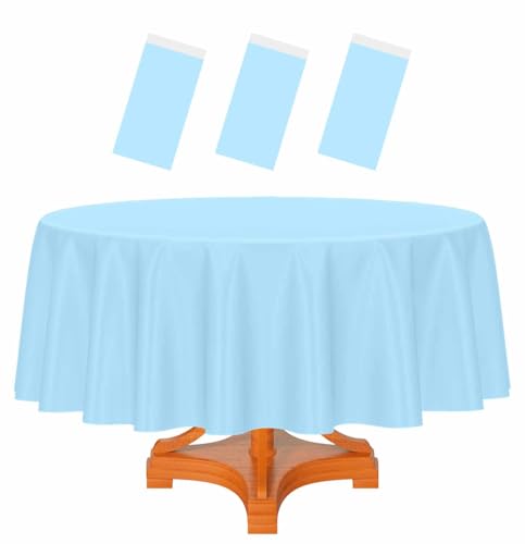 HEIPINIUYE 3 Pack Blue Round Tablecloth 84 Inch Round Plastic Table Cloth Waterproof Disposable Round Table Cover for Party Birthday Camping Picnic Baby Shower