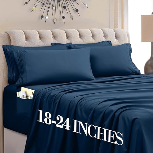 Mocassi Luxury 6-Piece Sheet Set, Ultra Soft 1800 Premium Hotel Quality Microfiber Sheet Set, Fits Mattresses Up to 18 to 24 Inches Extra Deep Pocket - Breathable and Secure Fit, Cal King, Navy Blue