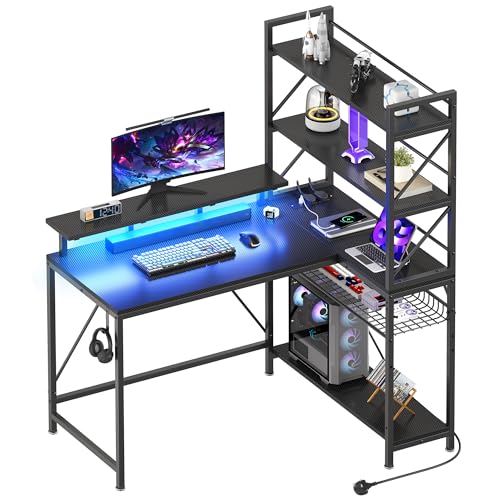 YITAHOME L Shaped Gaming Desk with Power Outlets & LED Lights Corner Desk with Shelves 120CM Reversible Computer Desk with Storage Shelves Gaming Desk with Hooks for Home Office(Carbon Fibre Black)