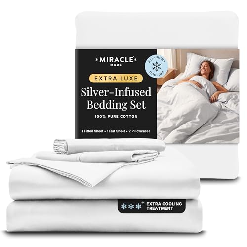 Miracle Made Extra Luxe Soft, Cool-to-the-Touch Cotton Bed Sheet Set, 3-Piece ??? Silver-Treated, Breathable, Lightweight Bedding ??? Twin Size, White