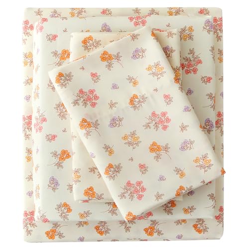 Viviland Floral King Sheet Set - 4 Piece Vintage Lavender Flower and Leaves Patterned Bed Sheets - Soft, Breathable Microfiber Sheets with Deep Pocket, Non-Slip Fitted Sheets & Pillowcases