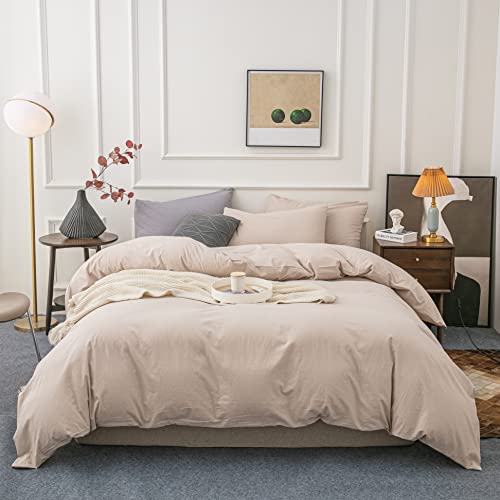 Janlive Washed Cotton Duvet Cover Queen Ultra Soft 100% Cotton Solid Color Light Camel Duvet Cover Set with Zipper Closure -3 Pieces Light Camel Queen