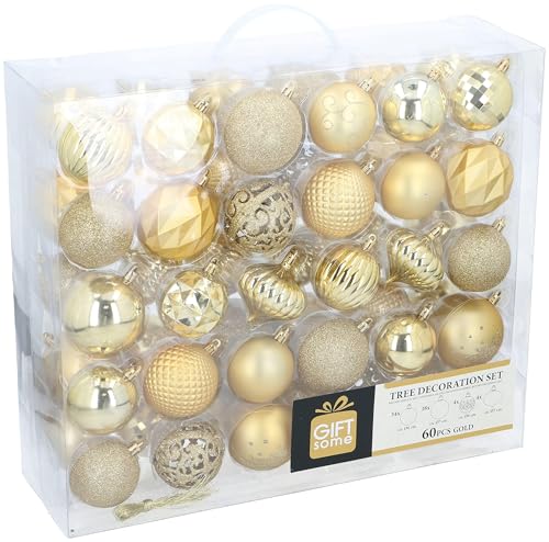 Giftsome Golden Christmas Baubles Set - 60 Plastic Christmas Tree Baubles - Incl. Golden Peak - Tree Decorations - For Indoor and Outdoor Use - Matt, Glossy, Glitter and Open Design - Ø6/7 cm