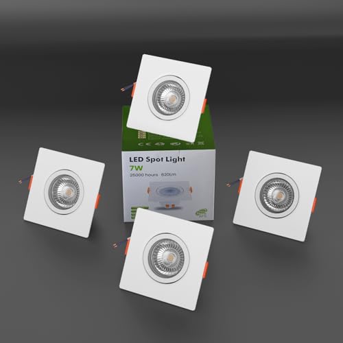 LEDSone 7W Square LED Downlights 550 lm Ultra-Slim Recessed Ceiling Spotlights Dimmable Adjustable Tilt Cool White 6000 K for Bedroom Kitchen & Living Room