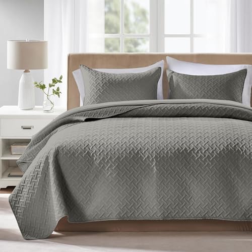 FLYMME Dark Grey King Quilt Bedspreads, 3 Pieces Lightweight Bedding Sets with Pillow Shams, Microfiber Quilted Comforter Coverlet for All Season (1 Quilt, 2 Shams)