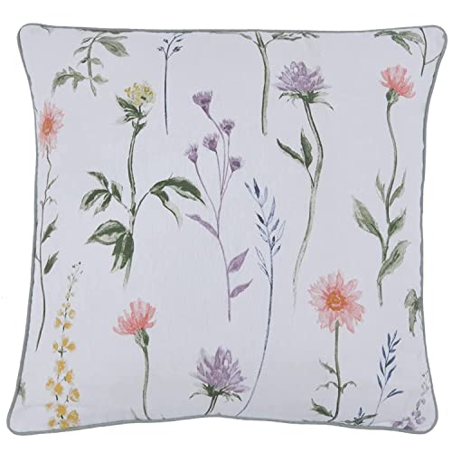 Sleepdown Meadow Stem Floral Printed Cushion Soft Decorative Cotton Cushion for Home Decor Sofa Bedroom and Car - 45cm x 45cm - White Multi,5056242896203