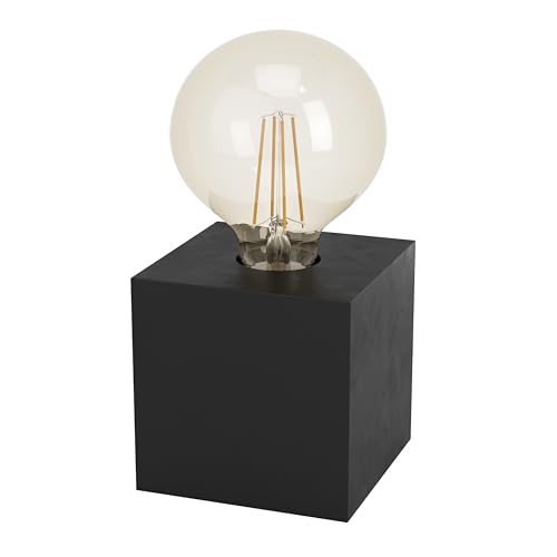 Eglo Bedside lamp Prestwick 2, Decorative Side Table Light, Cube Shaped Living Room and Bedroom Lighting Made of Wood in Black matt, FSC100HB, E27 Socket