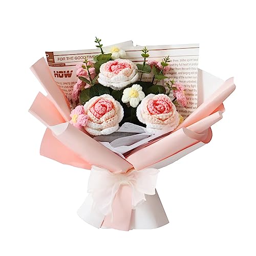 gjulrfu Crochet Handmade Rose Artificial Flowers, Finished Hand Woven Flowers Bouquet, Faux Plants Home Table Wedding Party Office Decor, Great Gifts for Women (Cotton)