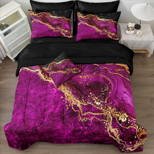 Black Gold Comforter Set 8 Pcs Hot Pink Marble Bedding Set Queen Size Bed in A Bag Purple and Black Marble Stone Texture Abstract Room Decor Black Marble Bed Comforter