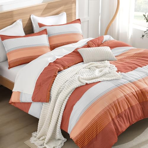 Litanika California King Comforter Set - 3 Pieces Stripe Bed Set - Burnt Orange Fluffy Lightweight Soft Colorblock Down Alternative All Season Bed Set