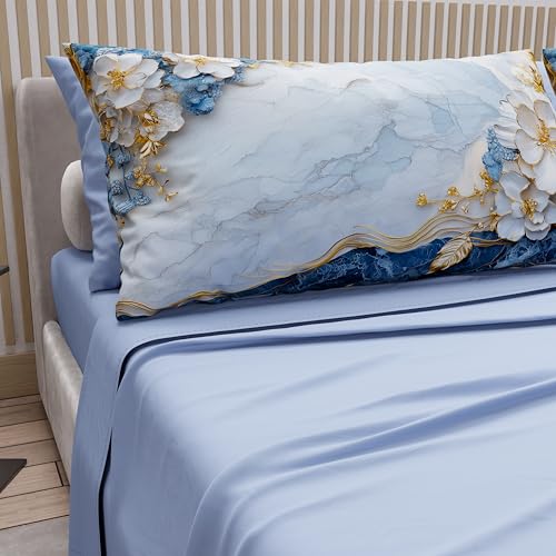 PETTI Artigiani Italiani - Cotton Sheets with Pillowcases in Digital Print, Double Bed Sheet, Floral 15 Light Blue, 100% Made in Italy