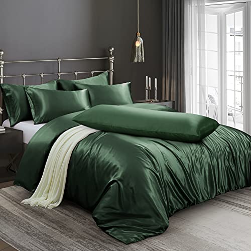 Ersmak 6-Piece King Size Luxury Satin Duvet Cover Set with 1 Duvet Cover, 4 King Pillowcases and 1 Body Pillowcase, Emerald Green