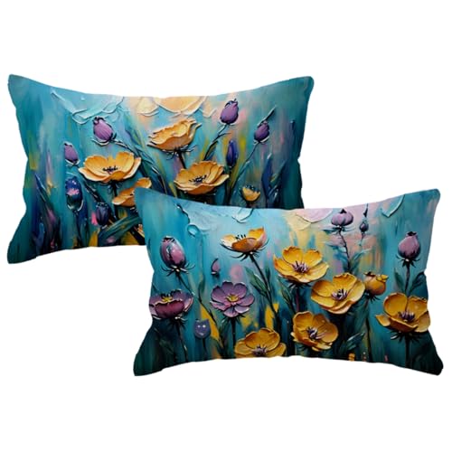 2Pack Flowers Decorative Pillow Covers Modern Yellow Purple Poppy Design Cushion Covers Oil Painting Pretty Floral Lumbar Pillowcases 12 x 20 Inch Farmhouse Spring Summer Decorations (Yellow)