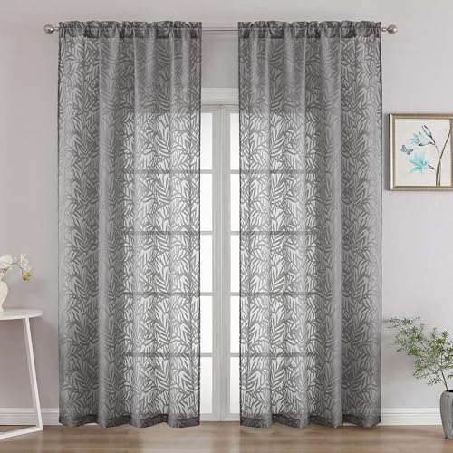 OVZME Extra Wide Black Sheer Curtains 90 Inches Long 2 Panels Set, Soft Lightweight Leaf Clip Jacquard Voile Sheer Curtains for Bedroom, Modern Dual Rod Pocket Window Drapes, 2x52Wx90L Inches