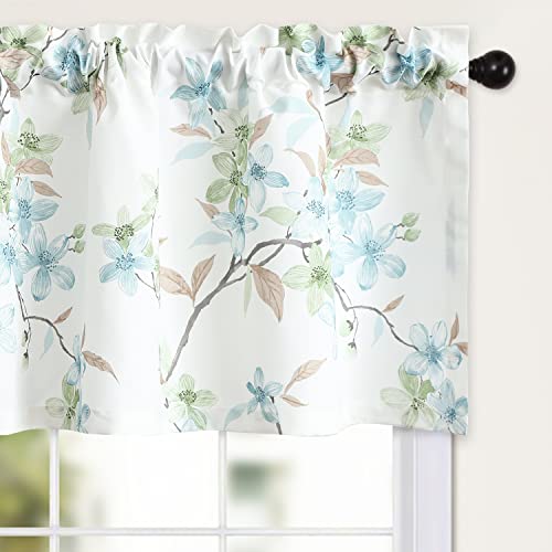 Leeva Elegant Floral Bedroom Valance, Blue and Green Flowers Decorative Window Curtain Drapery for Cafe, Restaurant, School, Rod Pocket, 52x18 in