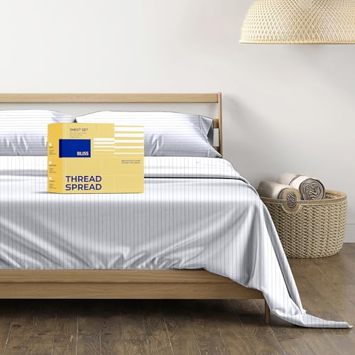 "THREAD SPREAD 100% Egyptian Cotton Printed Bed Sheets - 600 Thread Count 4 PC California King Sheet Set, Hotel Luxury Bedsheets, 16"" Deep Pocket Sheets for Cal King Size Bed - Pinstripe - Light Grey"