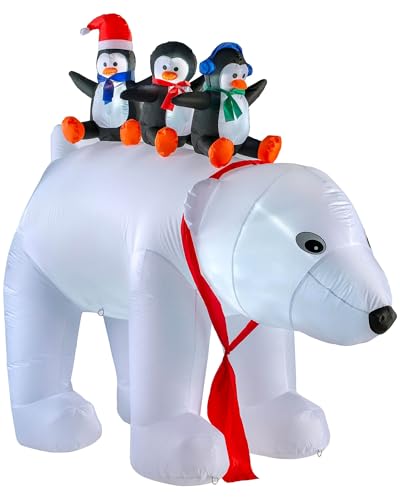 WeRChristmas Inflatable Christmas Polar Bear with 3 Penguins Decoration, White, 6 ft