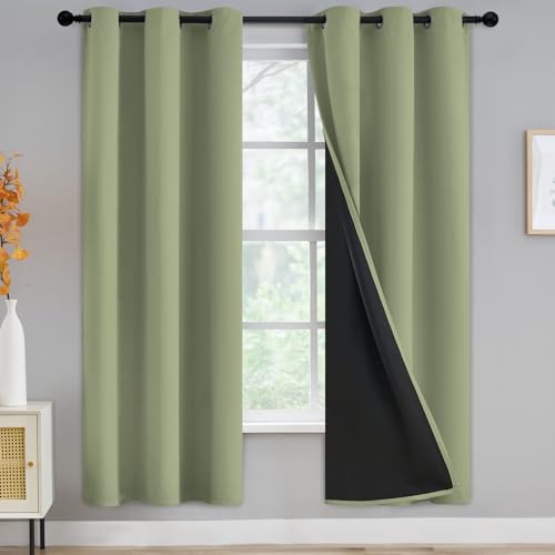 100% Blackout Curtains for Living Room, Thermal Insulated Blackout Curtains 84 inch Length Heat and Full Light Blocking Curtains Window Drapes for Bedroom with Black Backing, Sage, 2 Panels, W42 x L72