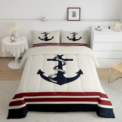 Feelyou Anchor Decor Comforter Set Full Size Nautical Themed Bedding Set for Boys Girls Teens Ocean Comforter Sea Adventure Duvet Set Beige Quilt Set