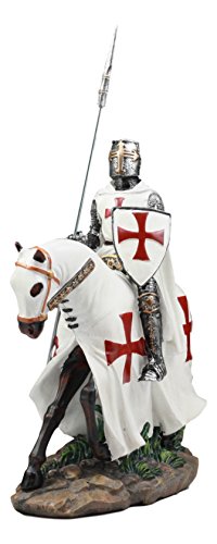 "Ebros Crusader English Knight On Cavalry Horse Statue 8"" Tall Phalanx Spear Horse Combat Warrior Sculpture"