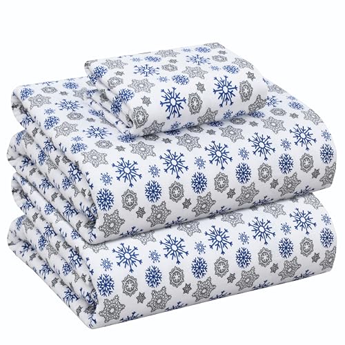 Ruvanti 100% Cotton 3 Pcs Flannel Sheets Twin Snow Flake Print - Deep Pocket, Warm, Super Soft & Breathable Twin Size Flannel Kids Bedding Sheets Set Include Flat Sheet, Fitted Sheet & 1 Pillow Case