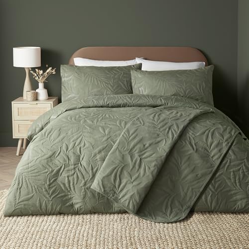 Serene - Khaki Green Leaf Embossed Duvet Cover - King Bedding Size (230 x 220cm) - Soft Touch - Leaf/Leaves Embroidery Duvet Cover in Khaki Green - Luxury Bedding Set - Luana Collection