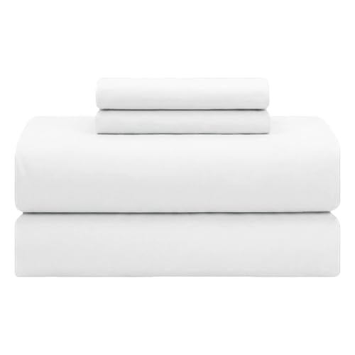 Feather & Stitch 100% Cotton 300TC Percale Weave Single Bed Sheets Set, College Dorm Twin 3 Piece Cooling Bed Sheets 16'' Deep Pockets, Hotel Luxury Bed Sheets, White