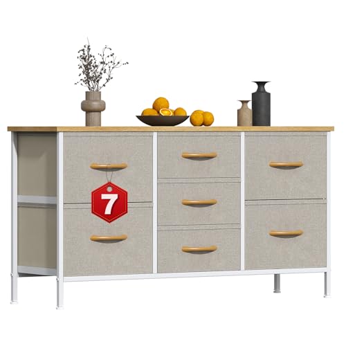 GoaHi Chest of Drawers, Small Dressers with Metal Frame and MDF Wooden Top Board, Adjustable Feet, Anti-Tip Safety, Storage Unit with 7 Drawers for Bedroom, Living Room, Closet, Office Beige