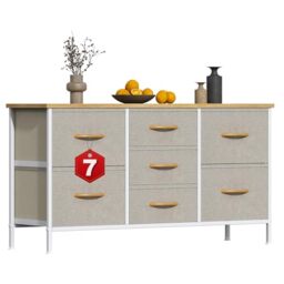 GoaHi Chest of Drawers, Small Dressers with Metal Frame and MDF Wooden Top Board, Adjustable Feet, Anti-Tip Safety, Storage Unit with 7 Drawers for Bedroom, Living Room, Closet, Office Beige