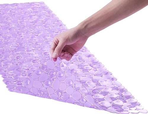 Webos Bath Shower Mat Non Slip: Extra Large Pebble Bathtub mat for Families, Anti Slip Shower Matt with Drain Holes Suction Cups Tub Mat - 16 X 40 Inch Clear Purple