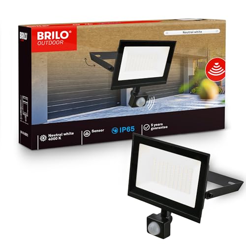 BRILONER - LED Floodlight Outdoor with Motion Sensor, Neutral White, 50W 4500lm, Adjustable, IP65 Dust and Water Resistant, Security Light, Exterior Spotlight, Garden, Garage, 17,5x21x4 cm, Black